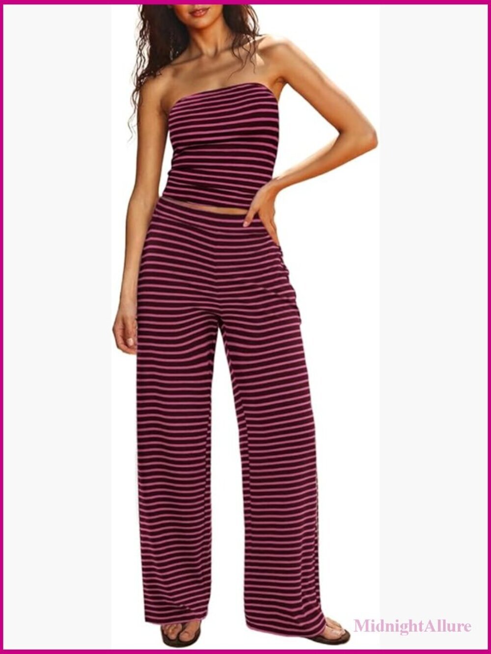 Striped Tube Top and Wide Leg Pants Two Piece Lounge Set